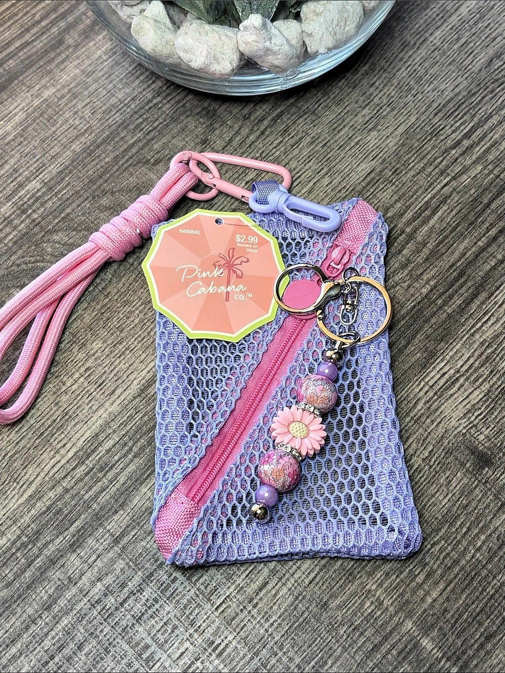 🔥5 for $25🔥 Pink Cabana Purple & Pink Wristlet Pouch with Handmade Keychain